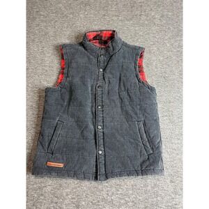 Simply Southern Mens Med Gray Quilted Vest Red Buffalo Plaid Lining Snap Front